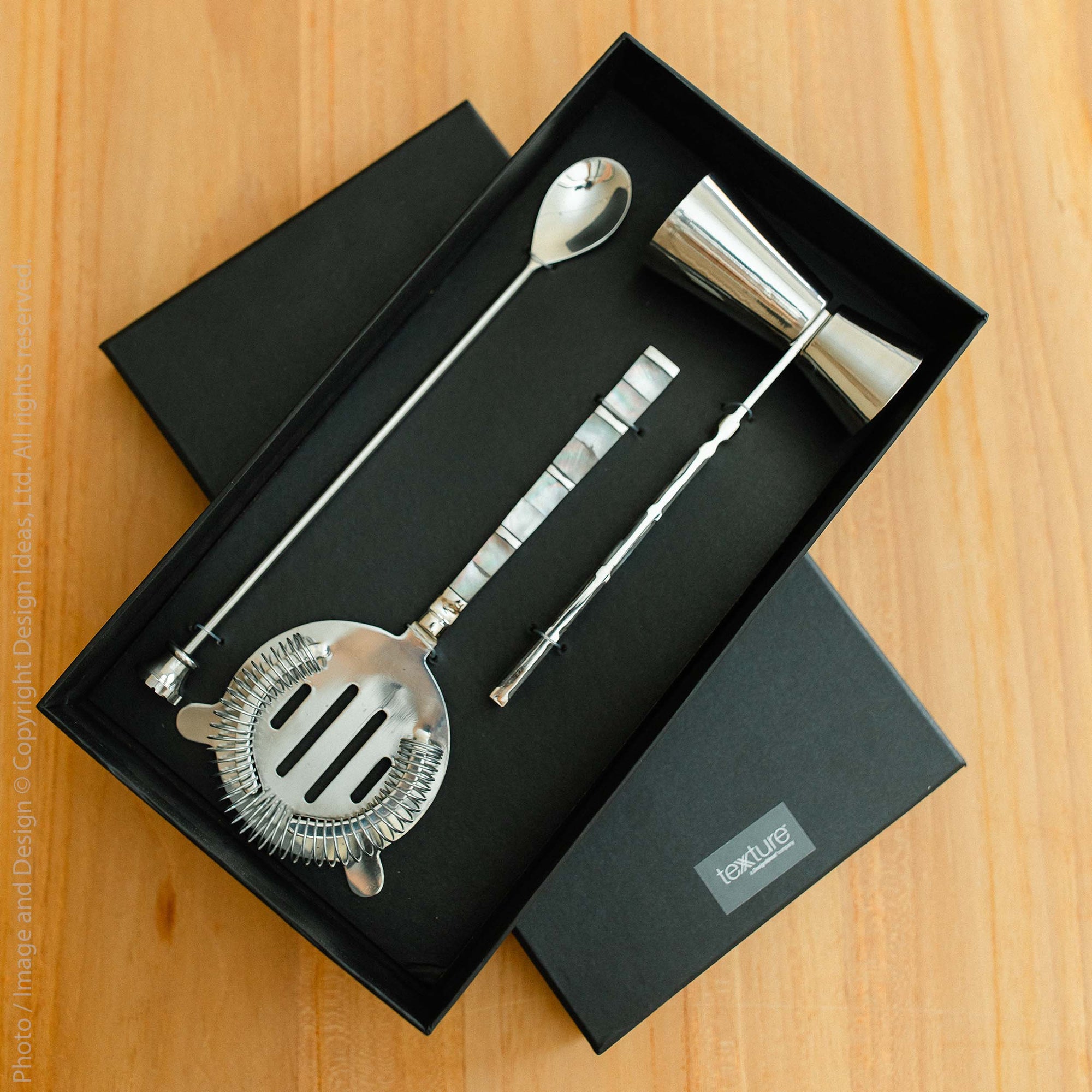 Abalon™ Handmade Stainless Steel, Brass and Mother of Pearl Barware (set of 3)