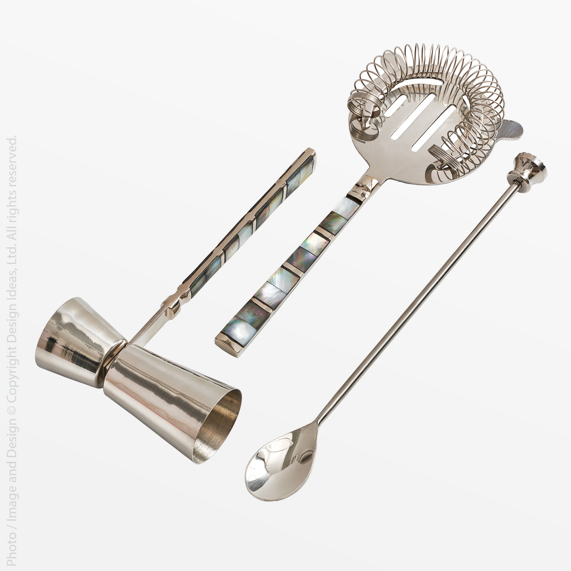 Abalon™ Handmade Stainless Steel, Brass and Mother of Pearl Barware (set of 3)