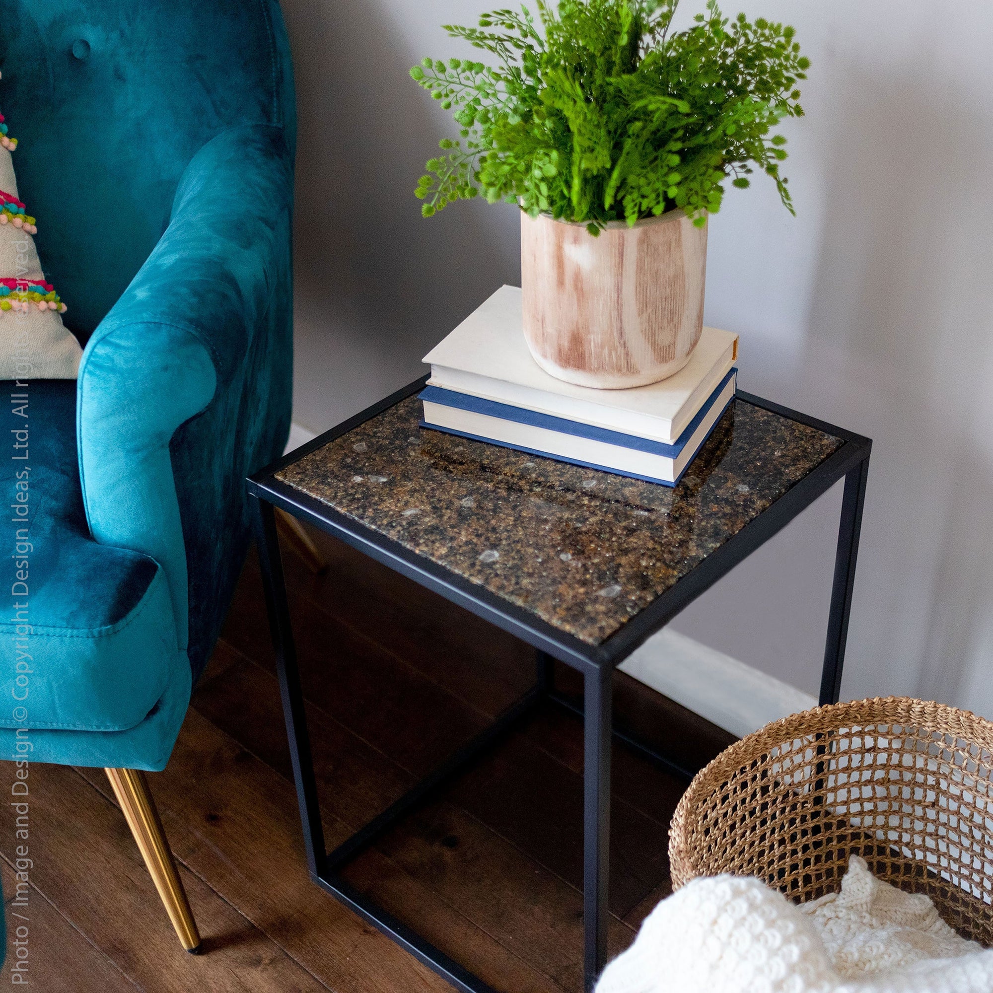 Pietra Crushed Glass Square Side Table   | Image 2 | From the Pietra Collection | Expertly handmade with natural glass for long lasting use | This table is sustainably sourced | Available in copper color | texxture home