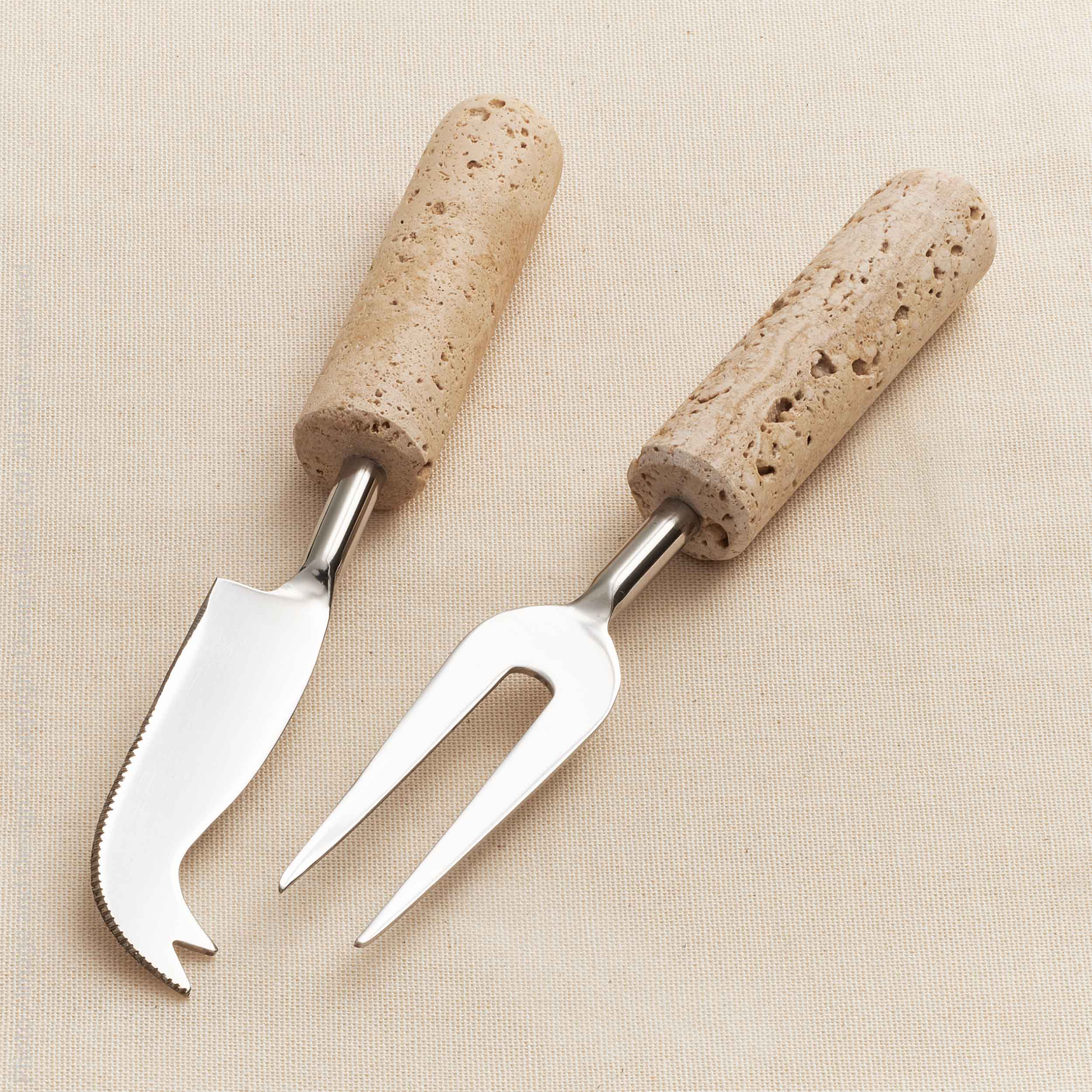 Marbella™ Hand Crafted Metal and Travertine Cheese Knives (set of 2) - (colors: Natural) | Premium Utensils from the Marbella™ collection | made with Metal and Travertine for long lasting use