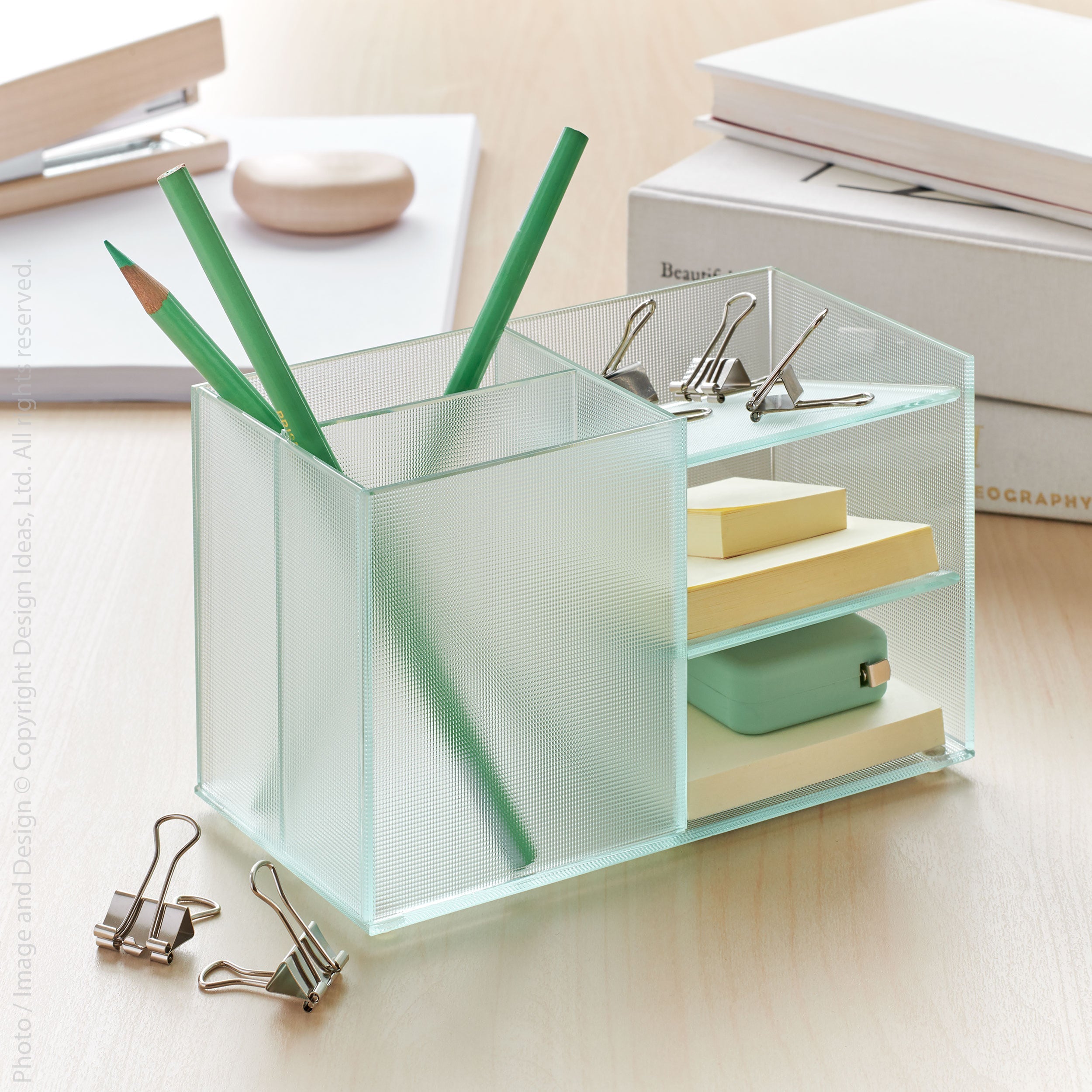 Vinestra Glass Desk Organizer   | Image 2 | From the Vinestra Collection | Skillfully handmade with natural glass for long lasting use | Available in clear color | texxture home