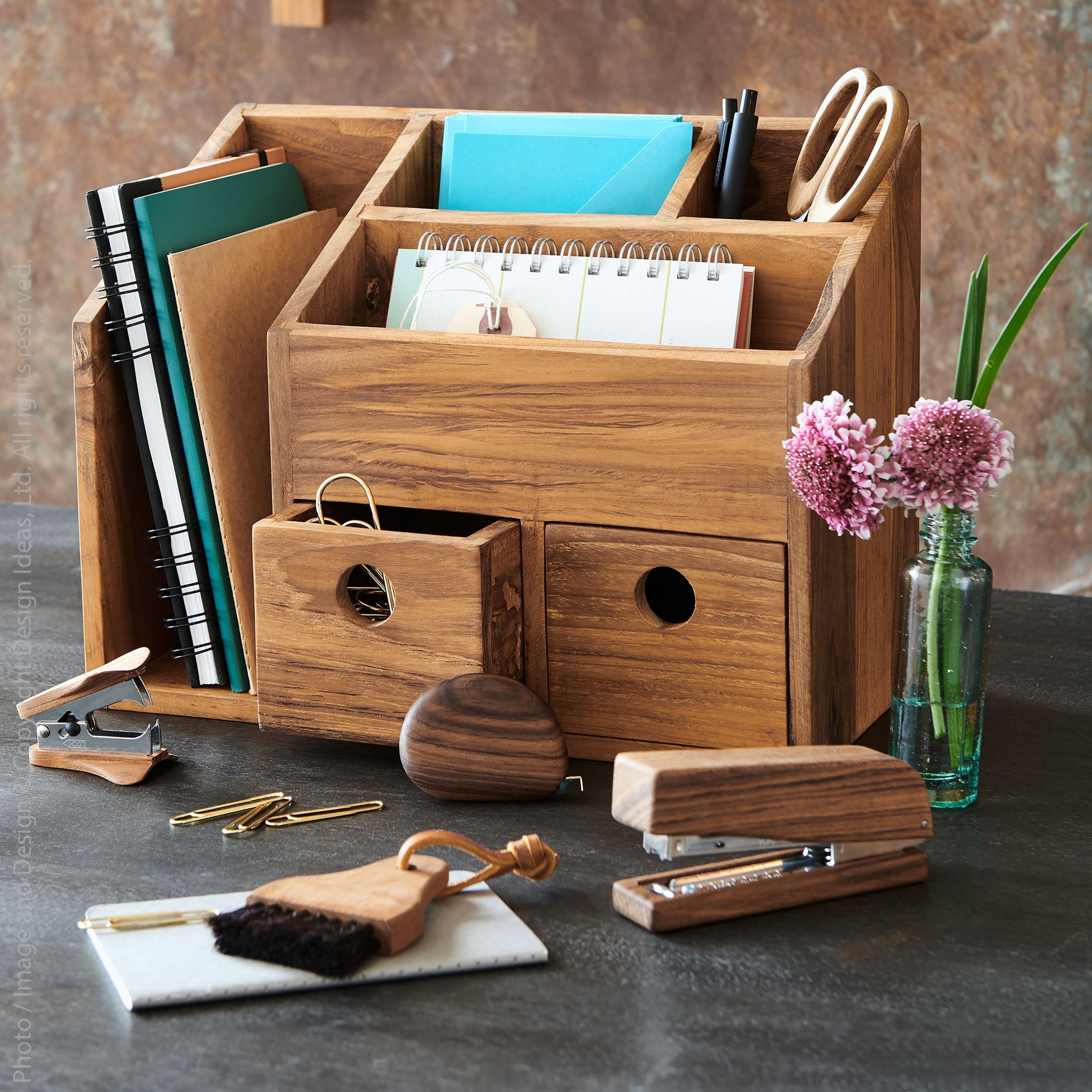 Takara Teak Organizer   | Image 2 | From the Takara Collection | Masterfully constructed with solid teak for long lasting use | This organizer is sustainably sourced | Available in clear color | texxture home