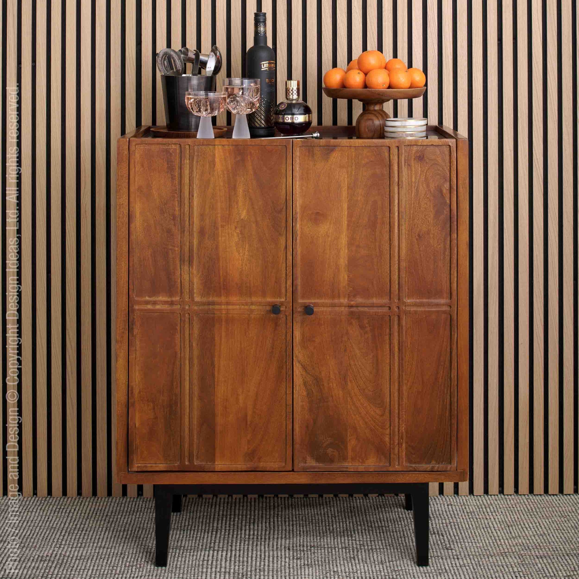 Dalston™ Assembled by Biscuit Joint and Screws Mango Wood, Iron, Marble, and MDF Bar Cabinet - (colors: Natural) | made with Mango Wood, Iron, Marble, and MDF for long lasting use