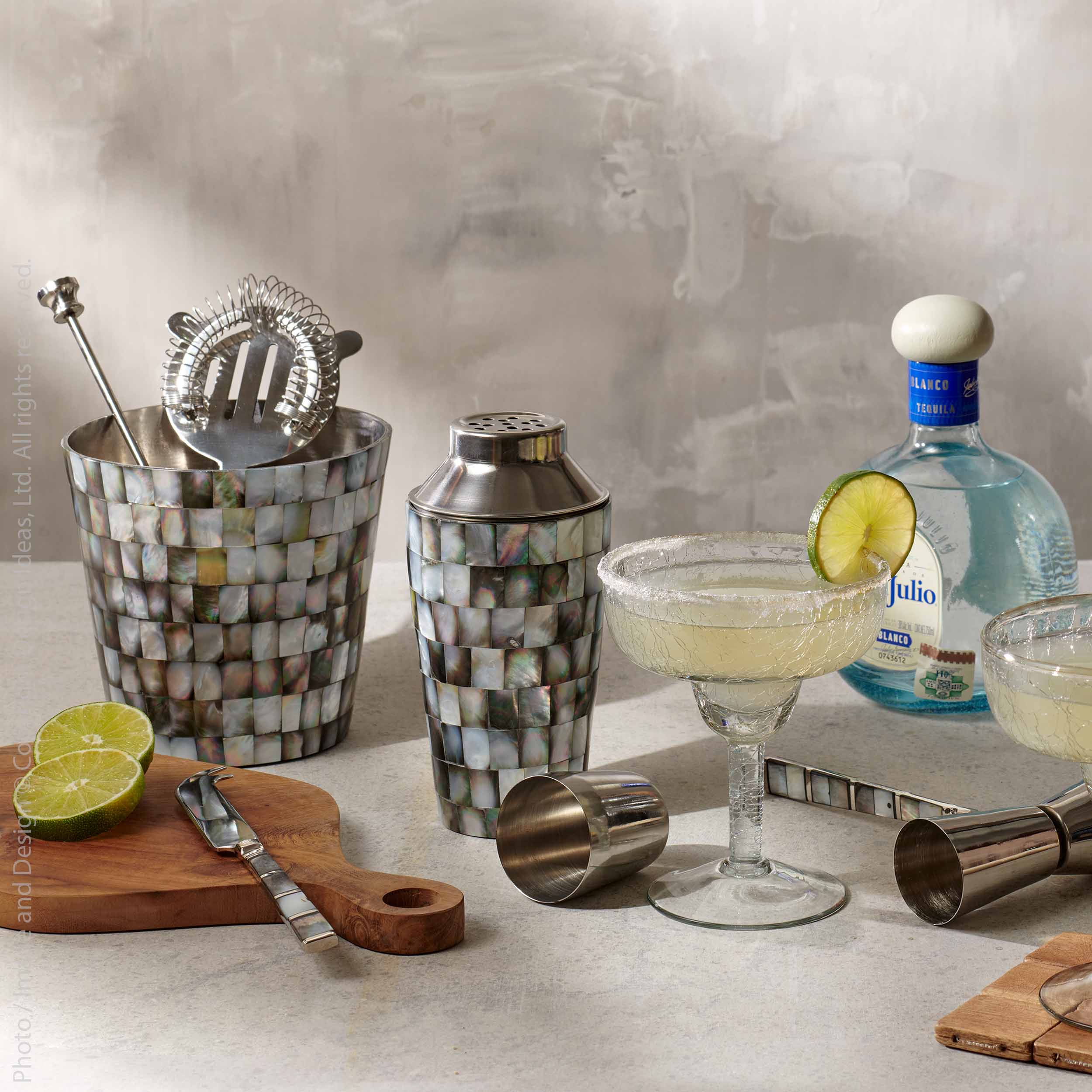 Abalon™ Handmade Stainless Steel, Brass and Mother of Pearl Barware (set of 5) - (colors: Silver) | Premium Utensils from the Abalon™ collection | made with Stainless Steel, Brass and Mother of Pearl for long lasting use