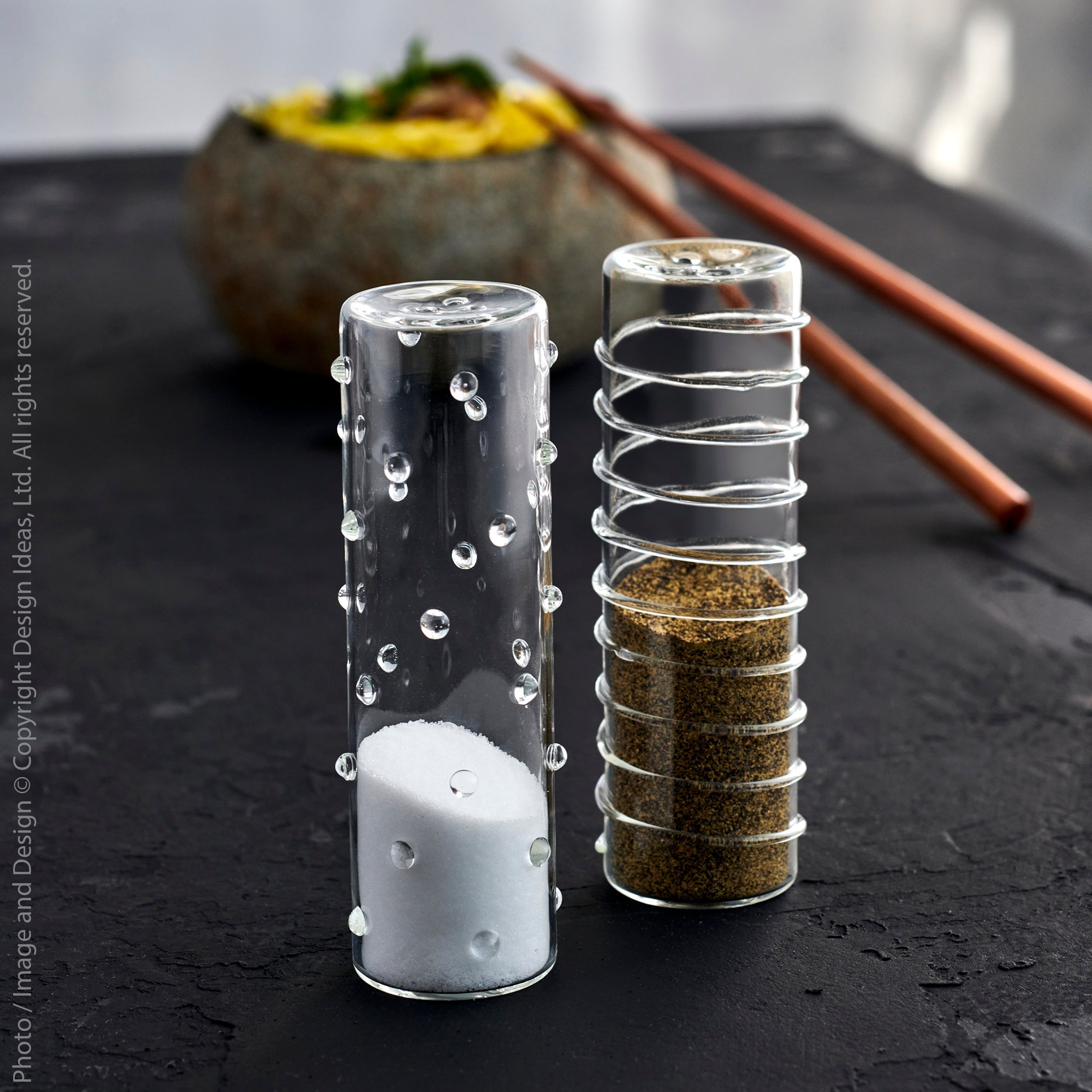 Livenza Borosilicate Glass Salt & Pepper Shakers Black Color | Image 2 | From the Livenza Collection | Exquisitely made with natural borosilicate glass for long lasting use | Available in gray color | texxture home