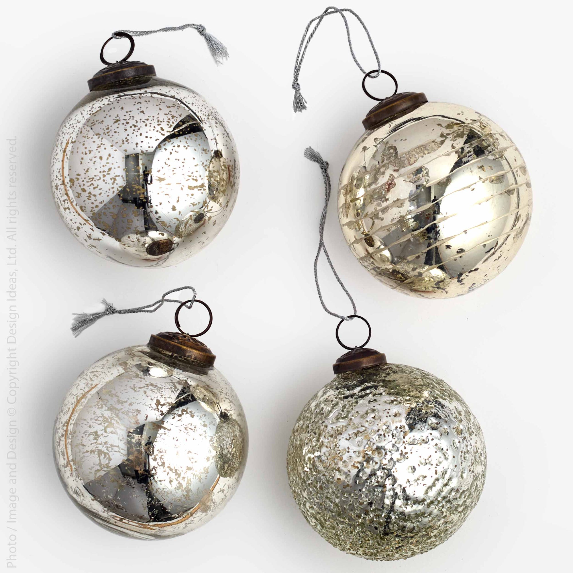 Jensen™ ornaments, 4in, set of 4 - Silver | Image 1 | Premium Ornaments from the Jensen collection | made with Glass for long lasting use | texxture